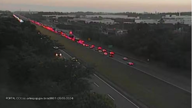 ACIDENTE: Motociclista sofre ferimentos graves em congestionamento na Castelinho na noite de segunda-feira (20). (Foto: Artesp/Divulgação).